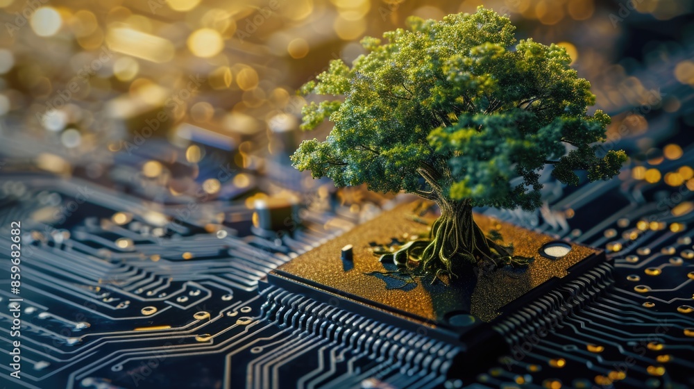 Poster the bottom angle view of the growing green tree on the cpu on the land of the greenish mainboard and