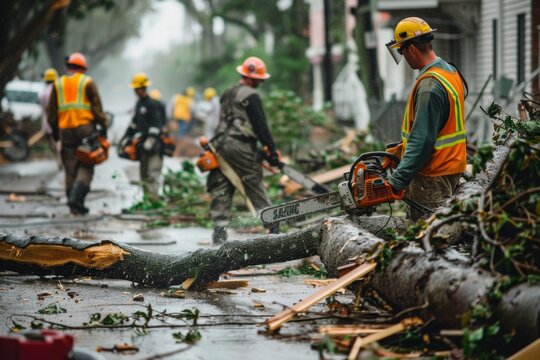 Urban Cleanup Crew Clearing Storm Damage with Chainsaws and Debris Removal for Restoration Efforts