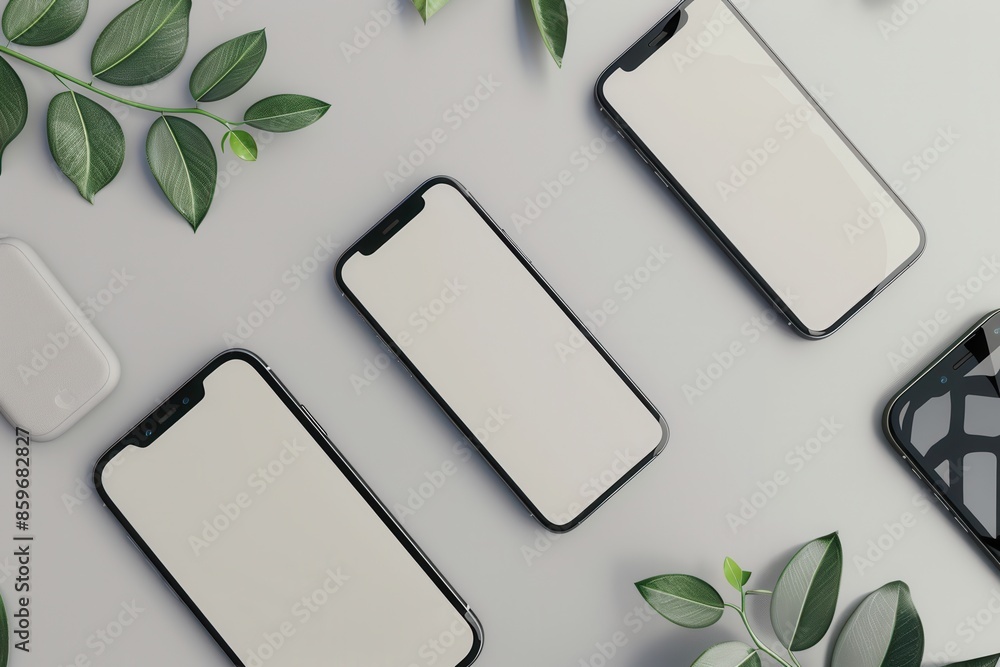 Poster A flat lay showcasing four modern smartphones arranged at different angles on a grey surface. Green leafy branches frame the composition. Generative AI
