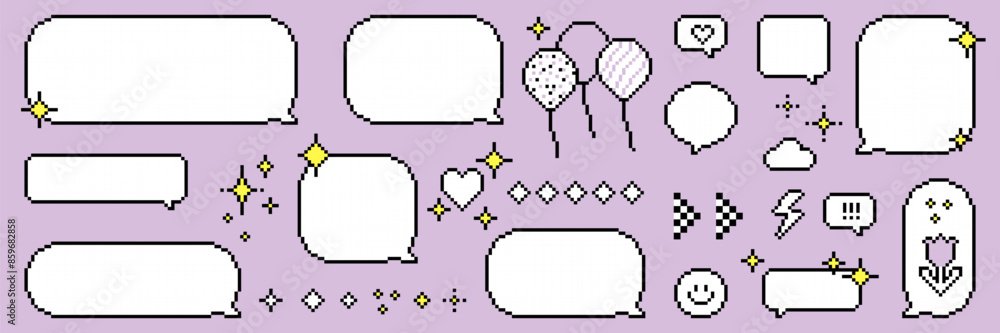 Poster set of pixel art dialogue box with shining stars emoji, heart and sparkles. speech bubbles in the mo