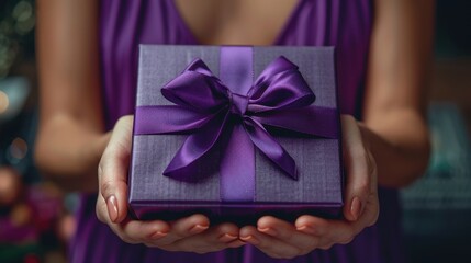 A close-up image of a woman presenting a neatly wrapped gift package with a stylish purple ribbon, evoking a sense of festivity, anticipation, and thoughtful gifting.