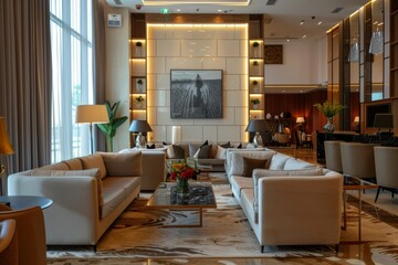 Fototapeta premium Luxurious Boutique Hotel Lobby Interior with Air Conditioning and Elegant Decor for Comfortable Guest Check-In