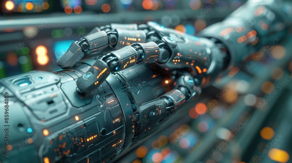 Poster a high-tech robotic arm with an intricate and futuristic mechanical design, showcasing advanced tech