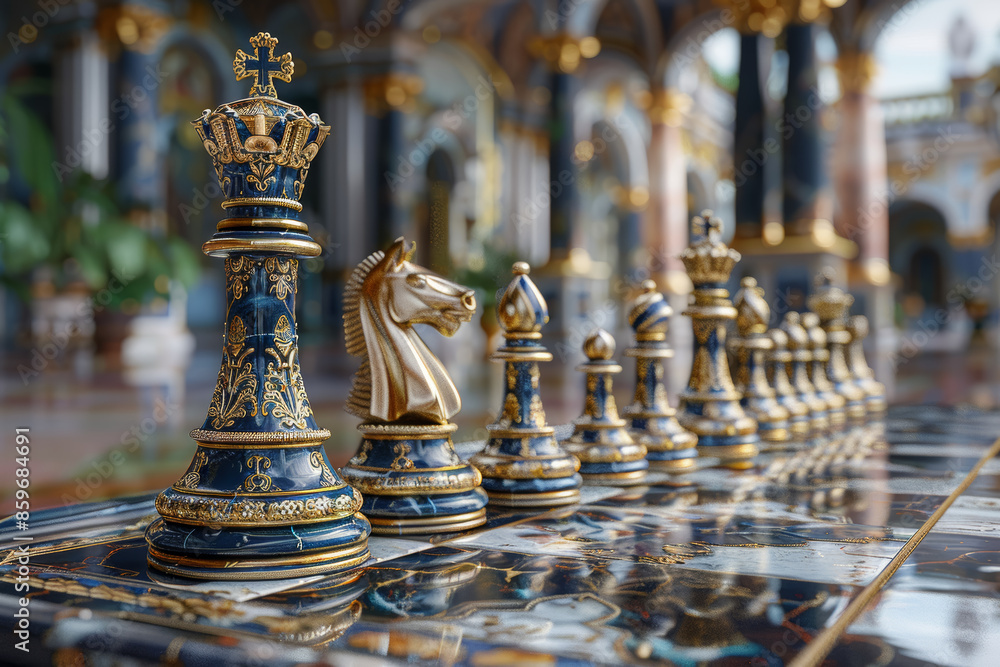 Poster an intricately designed chess set mid-game. concept of strategy and intellect. generative ai.