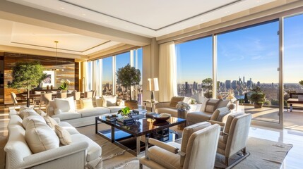 Fototapeta premium Luxury Penthouse with Modern Furniture and Balcony Overlooking the City for Elegant Living