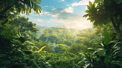 A lush green jungle with a clear blue sky