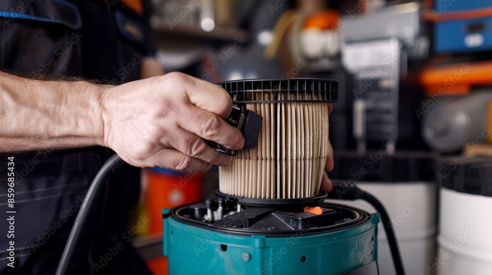 Poster mechanic replacing air filter in gasoline generator for proper maintenance and efficiency