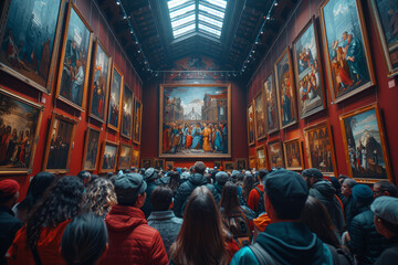 Naklejka premium A Renaissance painting hanging in an art gallery. Concept of historical art and timeless beauty. Generative Ai.