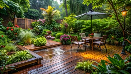 Obraz premium A Lush Garden Oasis In The Rain With A Wooden Deck, Stone Path, And Beautiful Flowers And Plants.