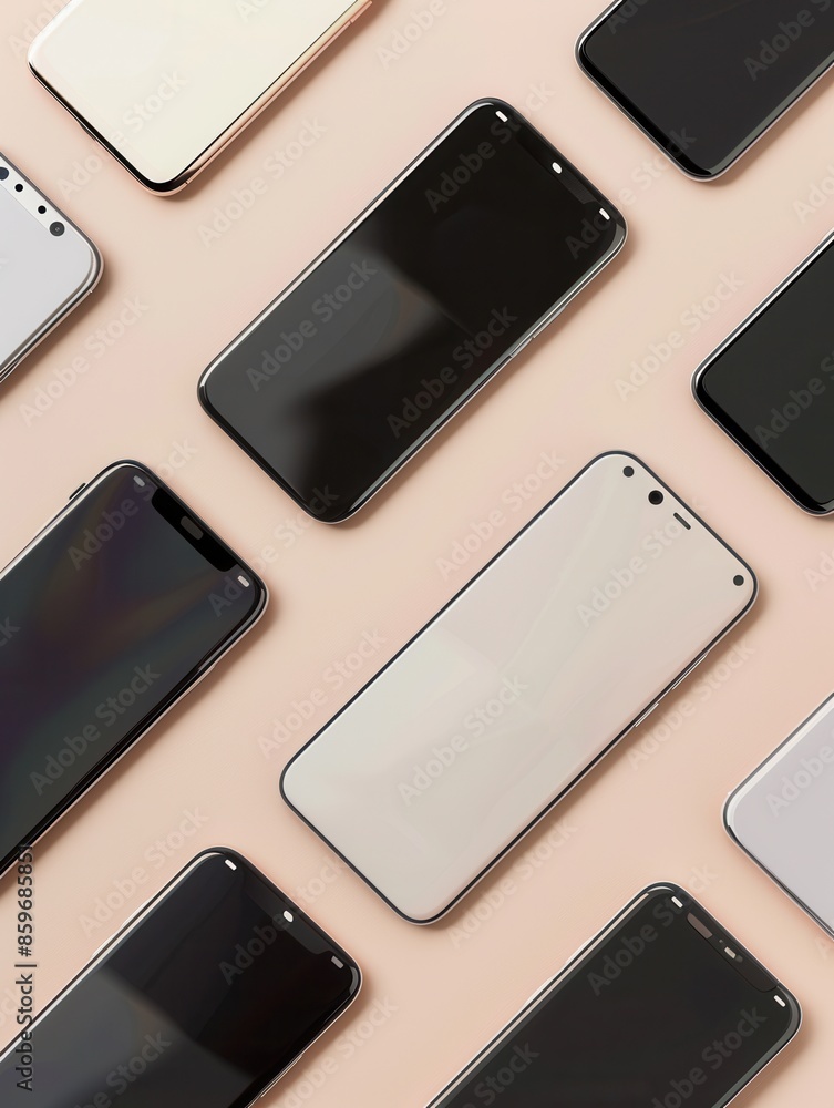 Aufkleber a flat lay image of several modern smartphones arranged in different angles on a light pink surface.