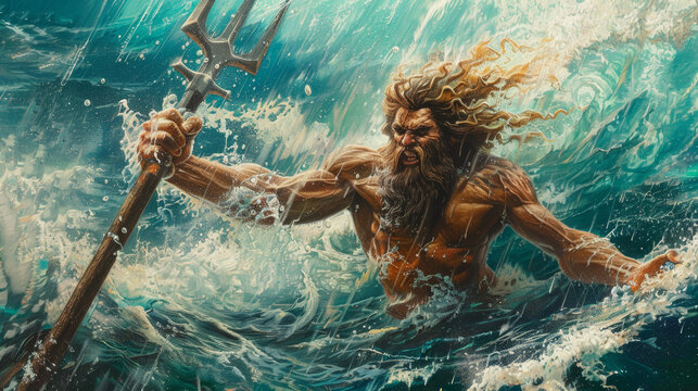 A Neptune with a trident is in the water
