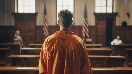 A man in an orange jumpsuit stands in front of a judge's bench