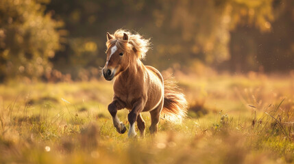 Fototapeta premium A small brown horse is running through a field
