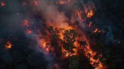 Forest fire from above. Smoke and flames engulfing large areas of the forest.