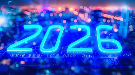 "2026" on an empty solid background with bright blue color, in a futuristic neon style. 32k, full ultra hd, high resolution