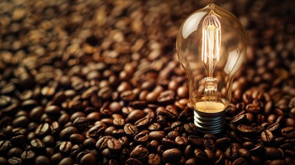 Creative Photography Concept with Light Bulb on Coffee Beans Background for Relaxation Concept