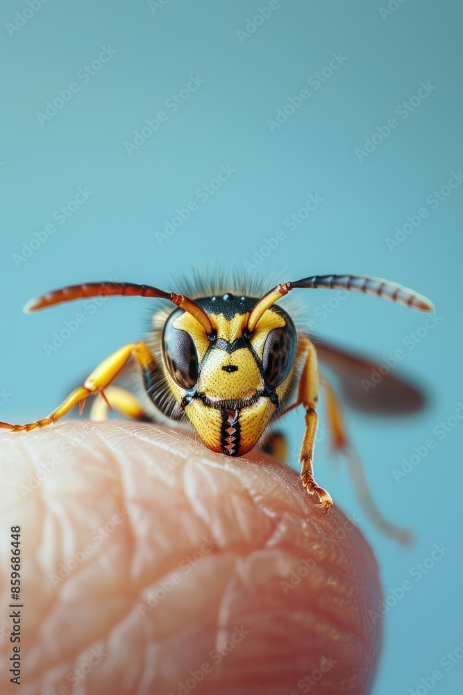 Sticker close-up of a wasp biting. selective focus