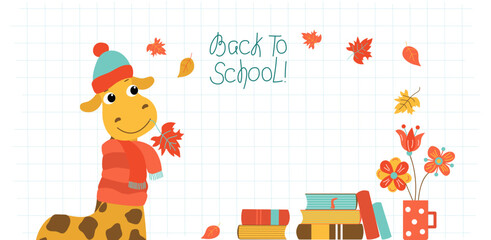 Cartoon giraffe, stack of books, mug with flowers, drawings on Leaf-sheet school notebook. Checkered geometric background, Hand lettering, Back to school banner. Autumn leaves.
