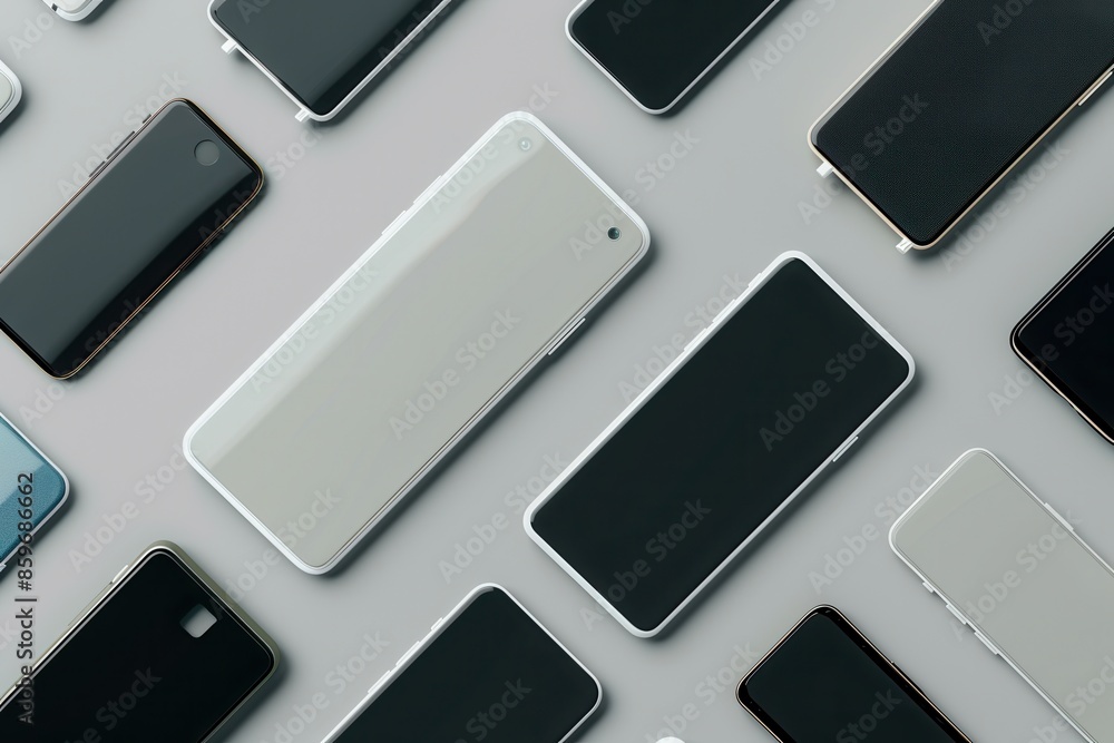 Poster multiple modern smartphones in various angles, showcasing the design and technology of mobile device