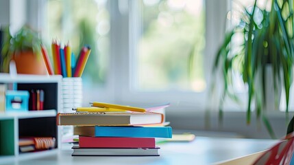 School desk with school accessories and gloss on a school blackboard background.