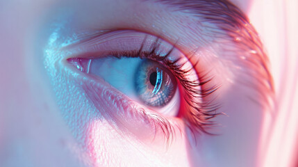 An eye with long lashes appears in close-up, showing detailed skin texture around it. Soft pink and blue light reflects off the eye's surface.