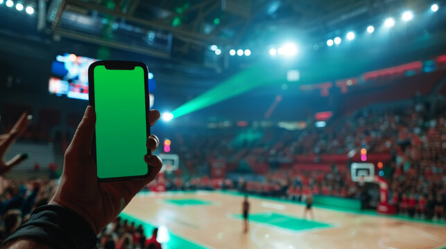 A person holding a green cell phone in a stadium full of people - Powered by Adobe