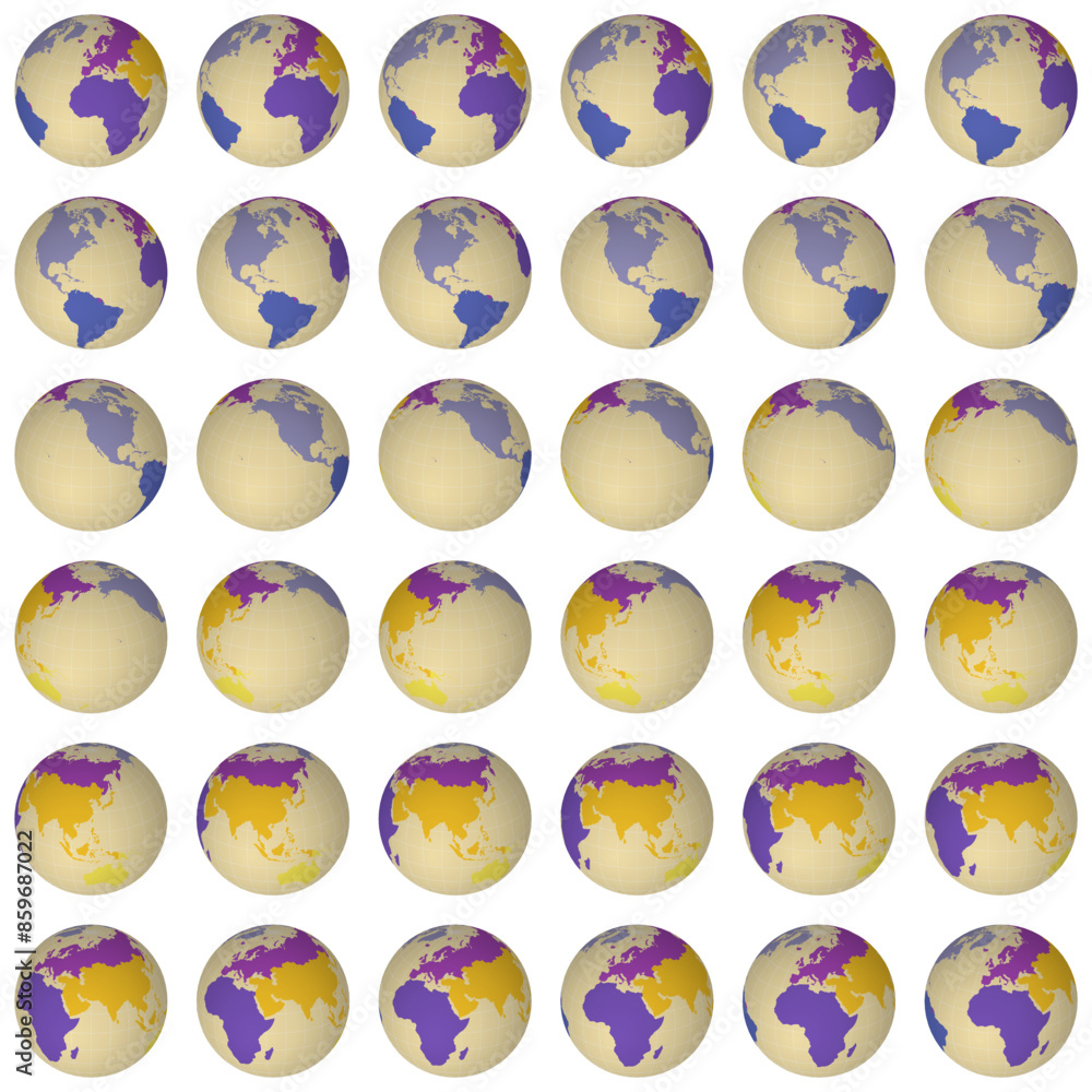 Poster collection of globes. slanted sphere view. rotation step 10 degrees. colored continents style. world
