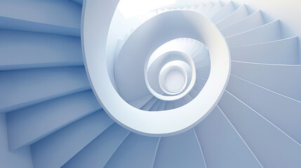 A white spiral staircase viewed from the top, with light blue steps creating a smooth, flowing, circular pattern that narrows downwards.