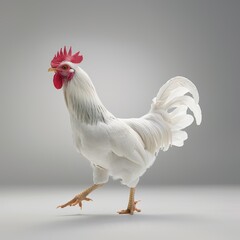 White Rooster Walking on a Gray Background