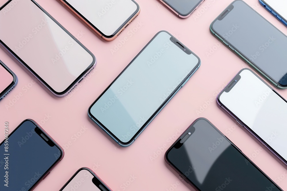 Poster a flat lay showcasing several modern smartphones arranged in different angles on a pink background. 