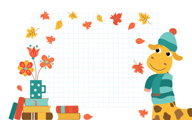 School notebook sheet, Checkered geometric background. Cartoon giraffe, stack of books, mug with flowers. Autumn leaves. Holiday, Day of Knowledge. Learning Concepts. African animal.