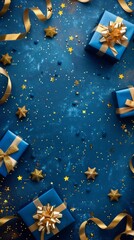 Blue Christmas background with golden gifts box, ribbon, glitter confetti stars. Christmas, New Year, winter holidays and birthday concept. Top view with copy space 