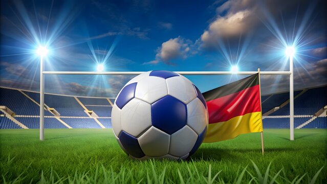 3D Rendering Of A Soccer Ball With The German Flag On A Green Field With Stadium Lights In The Background