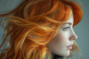 Fototapeta premium Detailed close-up view of vibrant orange and blonde strands of flowing hair against a plain background, highlighting texture and motion, representing free spirit and style.