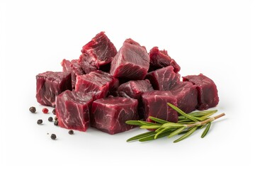 Obraz premium Freshly Cut Beef Cubes on White Background