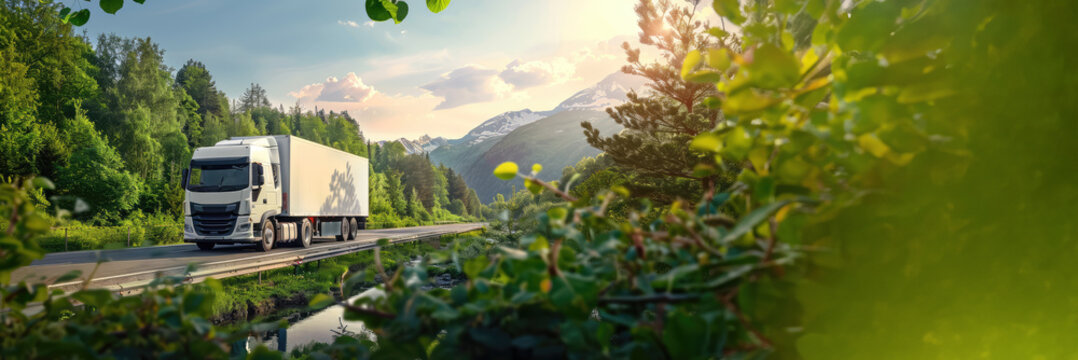 sustainable delivery background, eco friendly logistics and shipping banner, white delivery truck in city with green leaves, carbon neutral, zero emission cargo