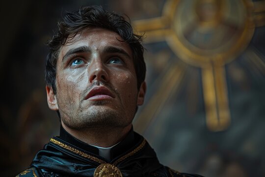 A compelling portrait of a man in religious attire, displaying an intense and reflective expression. The background showcases religious symbols, enhancing the spiritual ambiance.