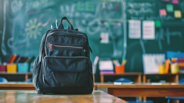Black school backpack filled with stationery on wooden desk in classroom, chalkboard in background