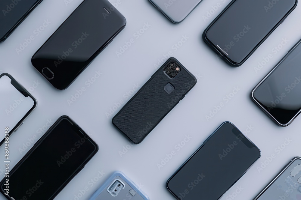 Poster a collection of modern smartphones arranged in different angles on a white background. generative ai
