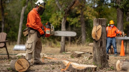 Safety Demonstration for Proper Chainsaw Use with Protective Gear and Safe Handling Techniques