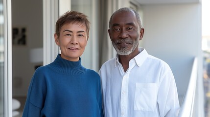 Middle-aged Asian woman in blue sweater and happy black man in white shirt standing on a balcony in afternoon light