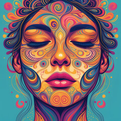 Colorful illustration of a woman's face embracing psychedelic 'flower power' revival, featuring vibrant colors and retro artistic vibes