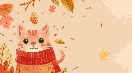 Autumn themed banner featuring an adorable cat in a knitted scarf surrounded by fall elements on a beige background Perfect for autumn promotions and cozy vibes