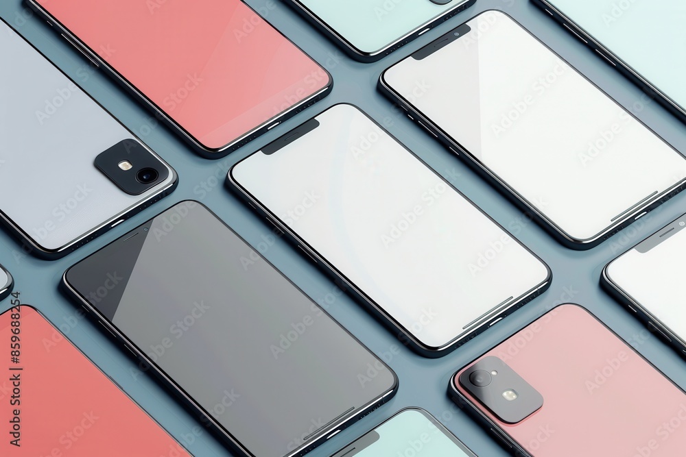 Poster a collection of modern smartphones, positioned at different angles on a blue background, showcasing 