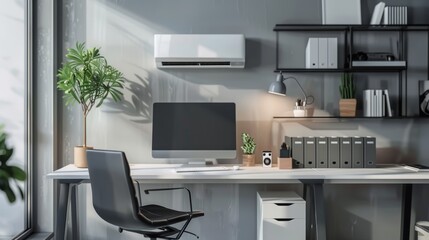 Stylish Home Office with Air Conditioning, Minimalist Decor, and Natural Light