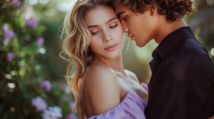 Fototapeta premium Young man with curly hair in black shirt and woman in purple dress standing in garden in morning light