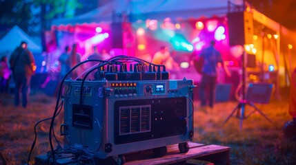 Portable Gasoline Generator Powering a Lively Small Music Festival with Colorful Lighting