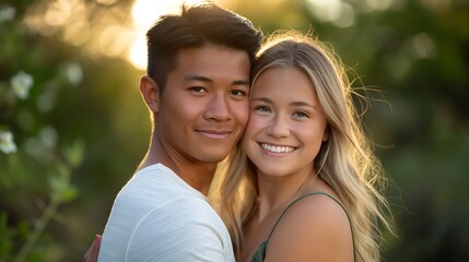 Naklejka premium A young woman with long wavy hair in a green dress and a happy man with short black hair in a white shirt hugging in a garden during daytime