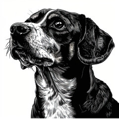 A black and white drawing of a beagle dog