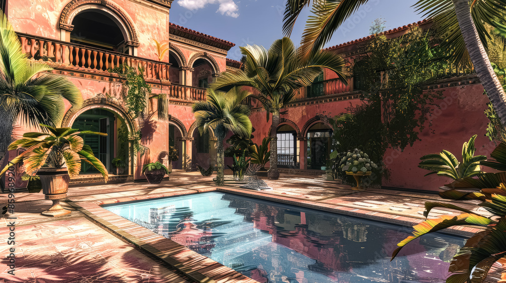 Poster a large pool with palm trees surrounding it. the pool is surrounded by a red brick wall and a green 